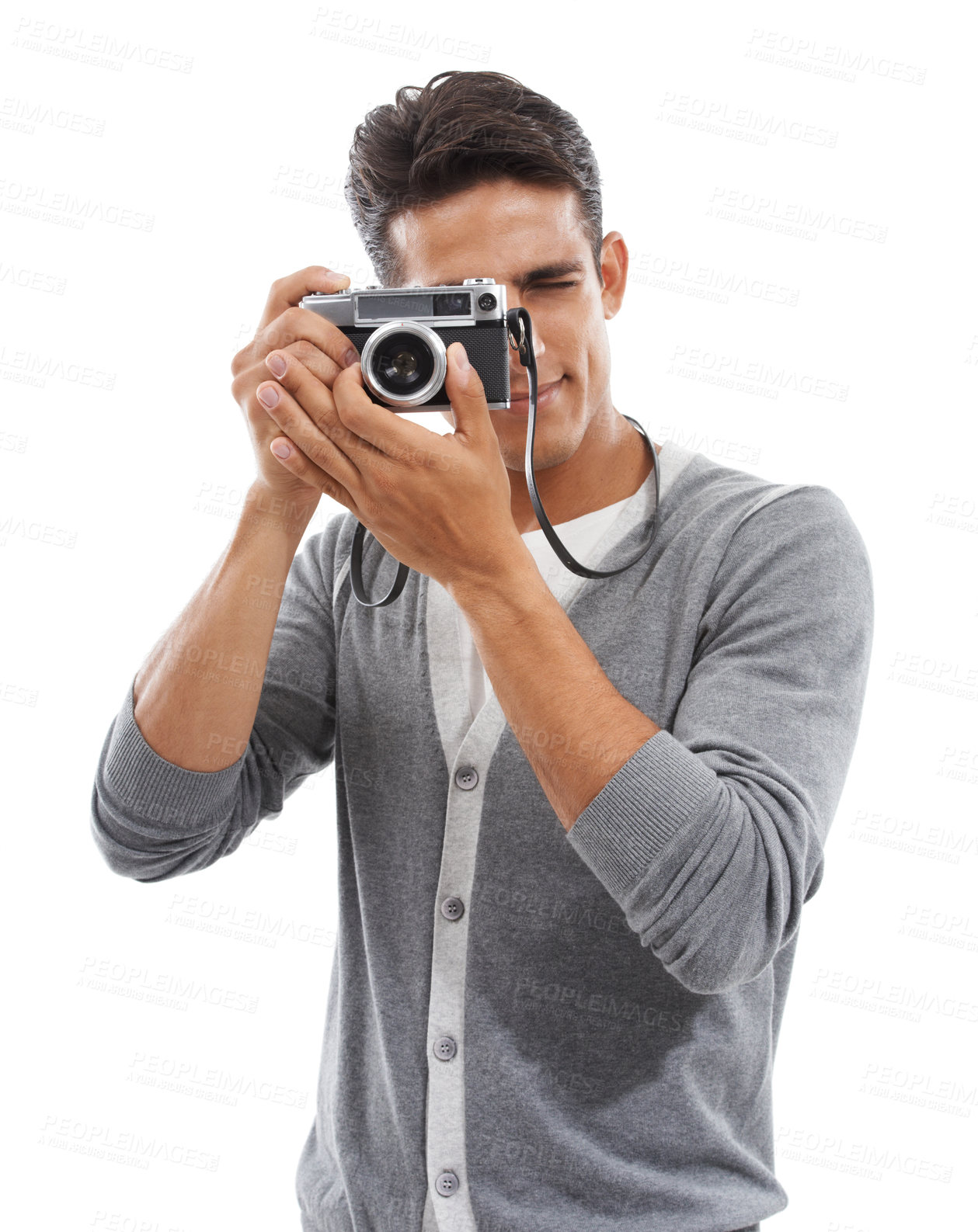 Buy stock photo Photography artist, man and digital camera in studio for photoshoot, creative production or content creation on white background. Journalist, cameraman and photographer click lens for media magazine 