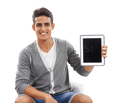 Buy stock photo Portrait, man and mockup screen on tablet in studio for sign up offer, newsletter and information about us on white background. Happy model, digital marketing and advertising space for announcement 