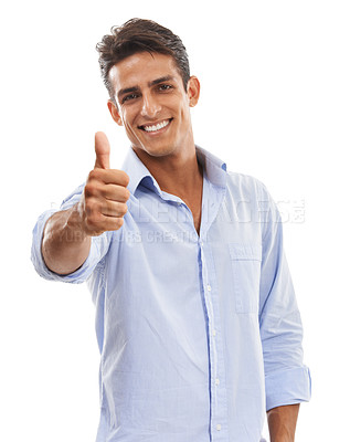 Buy stock photo Portrait, man and thumbs up in studio for winner, achievement and celebrate agreement of deal on white background. Happy model, emoji and like sign for yes vote, feedback and thank you for excellence