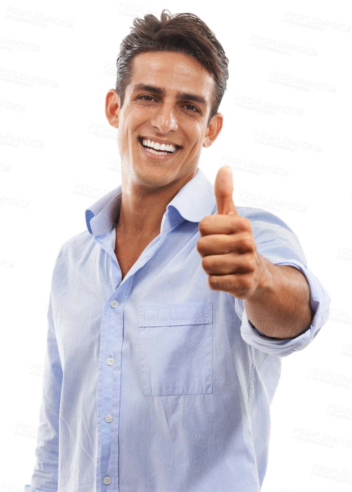 Buy stock photo Portrait, man and thumbs up in studio for support, achievement or celebrate winner on white background. Happy model, emoji and like review for yes, feedback and vote for excellence, thank you or deal
