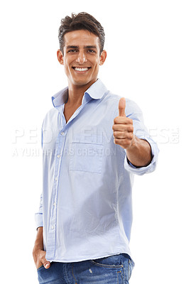Buy stock photo Happy man, thumbs up and success in studio for achievement, support and like emoji or yes hands. Portrait of creative person or model with good feedback and vote or okay emoji on a white background