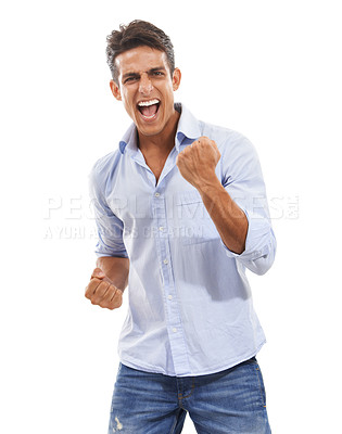 Buy stock photo Business man, winner and yes in studio for success, power or achievement with startup career celebration. Excited person in portrait with fist, wow and winning, goals or news on a white background