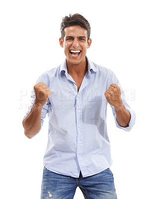 Buy stock photo Professional man, winner and yes in studio for success, goals or achievement with startup job celebration. Excited person in portrait with fist, winning and screaming for news on a white background