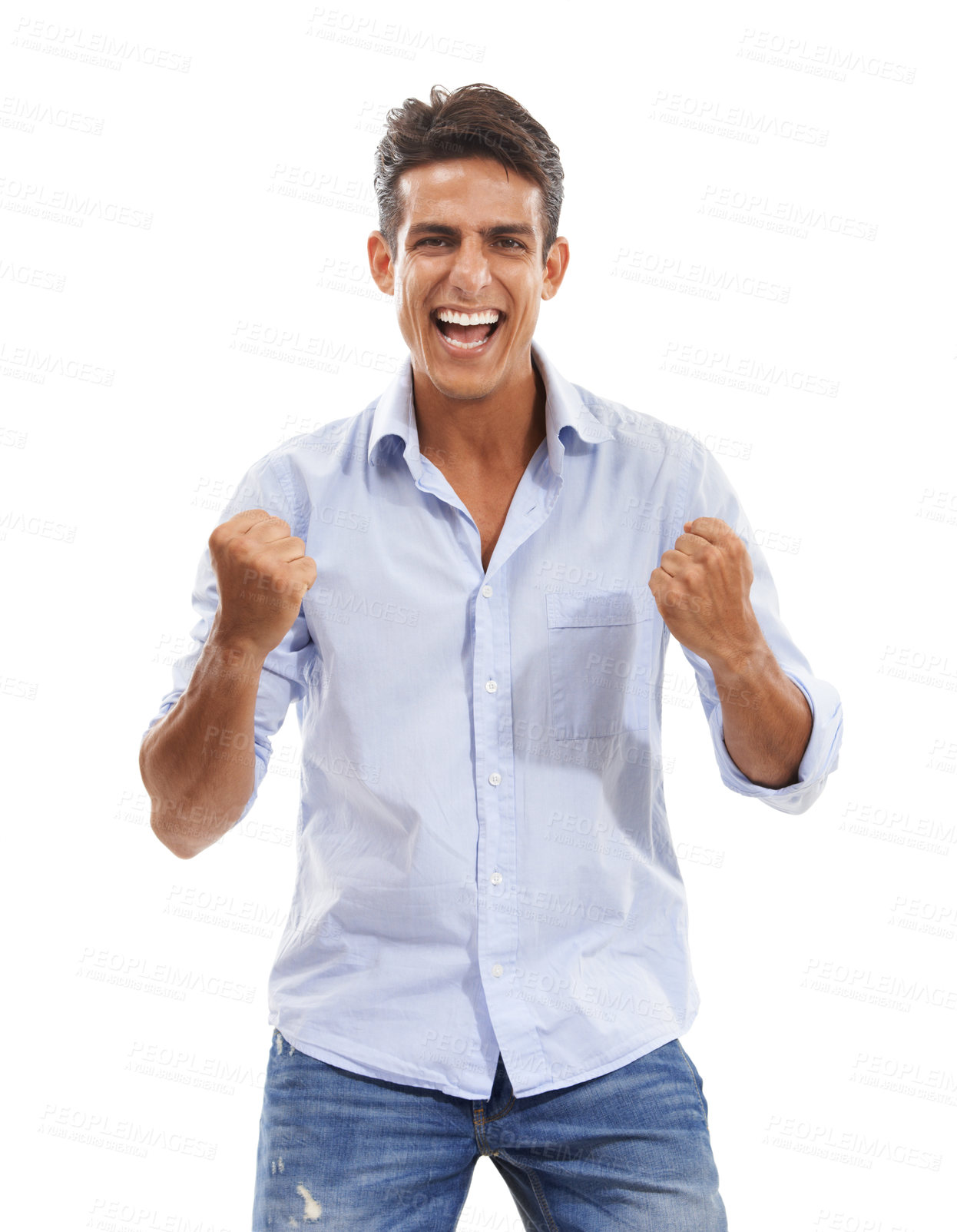 Buy stock photo Professional man, winner and yes in studio for success, goals or achievement with startup job celebration. Excited person in portrait with fist, winning and screaming for news on a white background