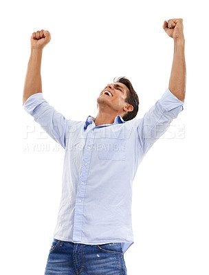 Buy stock photo Business man, winner and yes for success, celebration or achievement with startup, bonus or news in studio. Excited worker or professional winner with fist and winning or goals on a white background