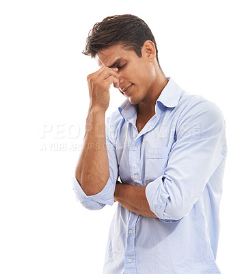 Buy stock photo Business man, stress and headache in studio for burnout, pain and risk of bankruptcy on white background. Tired, fatigue and frustrated worker with brain fog, vertigo challenge and doubt for mistake