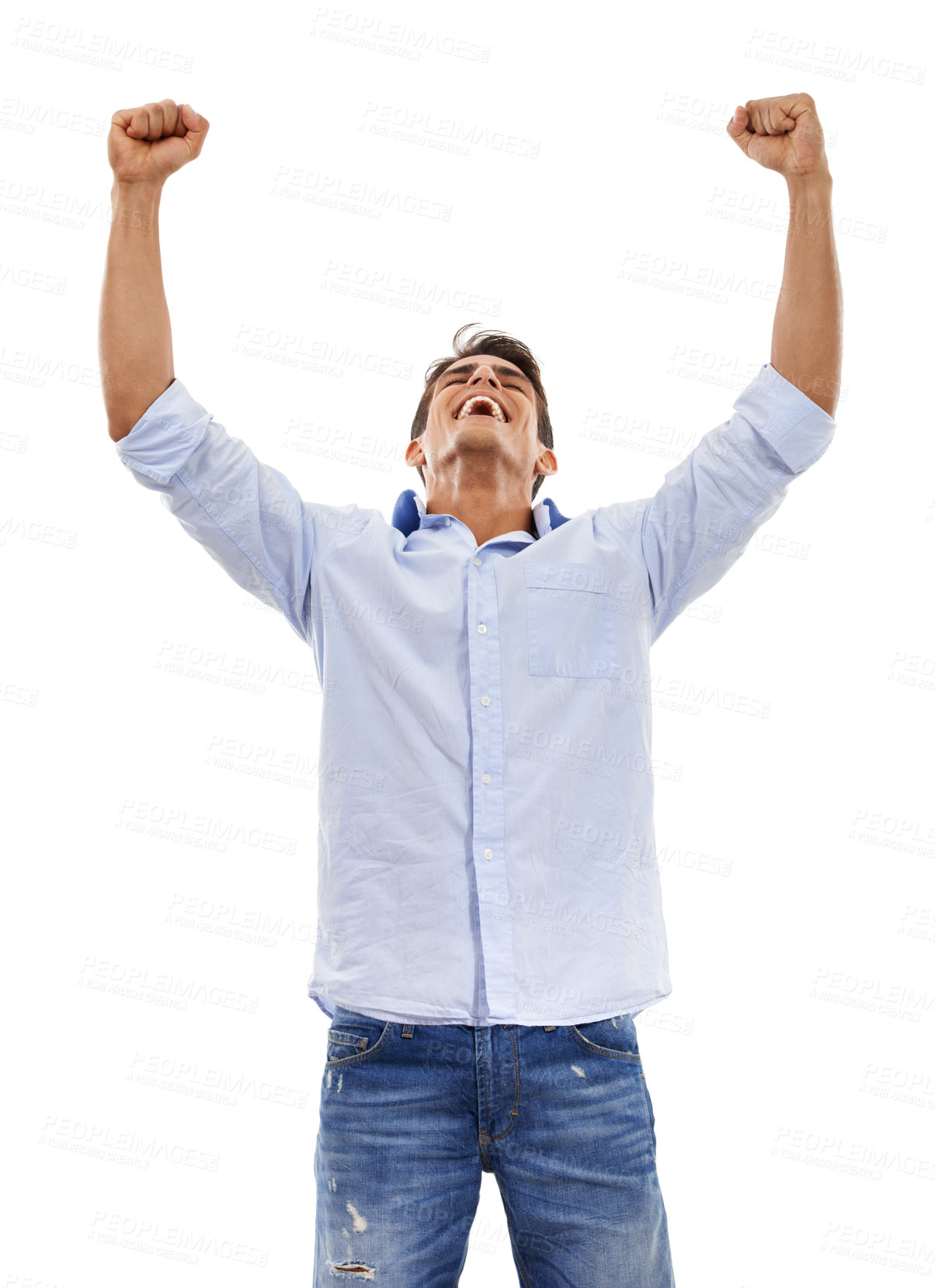 Buy stock photo Professional man, winner and yes for success, celebration or achievement with startup, bonus or news in studio. Excited worker or business person with fist and winning or goals on a white background