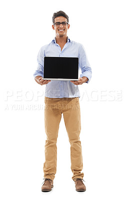 Buy stock photo Full body portrait of a handsome young man happily displaying a laptop