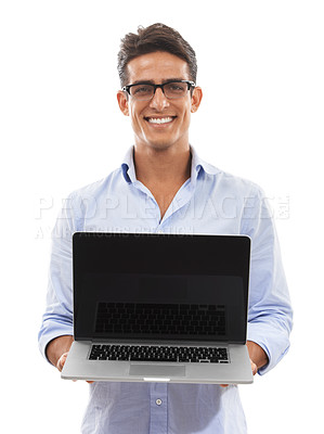 Buy stock photo Technician, computer screen and portrait in studio for presentation, information technology solution or software update. Professional man on laptop mockup for technical services on a white background