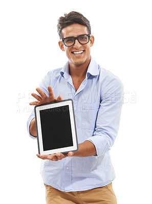 Buy stock photo Man, show tablet screen and space in studio for e learning website, presentation or online education. Portrait of teacher or professor with digital technology for registration on a white background