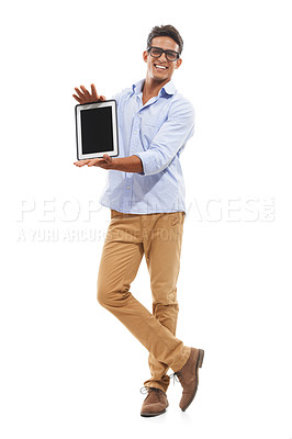 Buy stock photo Happy man, tablet screen and mockup in studio for e learning website, presentation or online education. Portrait of teacher or professor with digital technology for registration on a white background