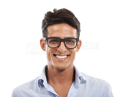 Buy stock photo Businessman, portrait and happy in studio for career, business casual and confident for corporate work. Entrepreneur, person and face with smile, glasses and pride for startup on white background