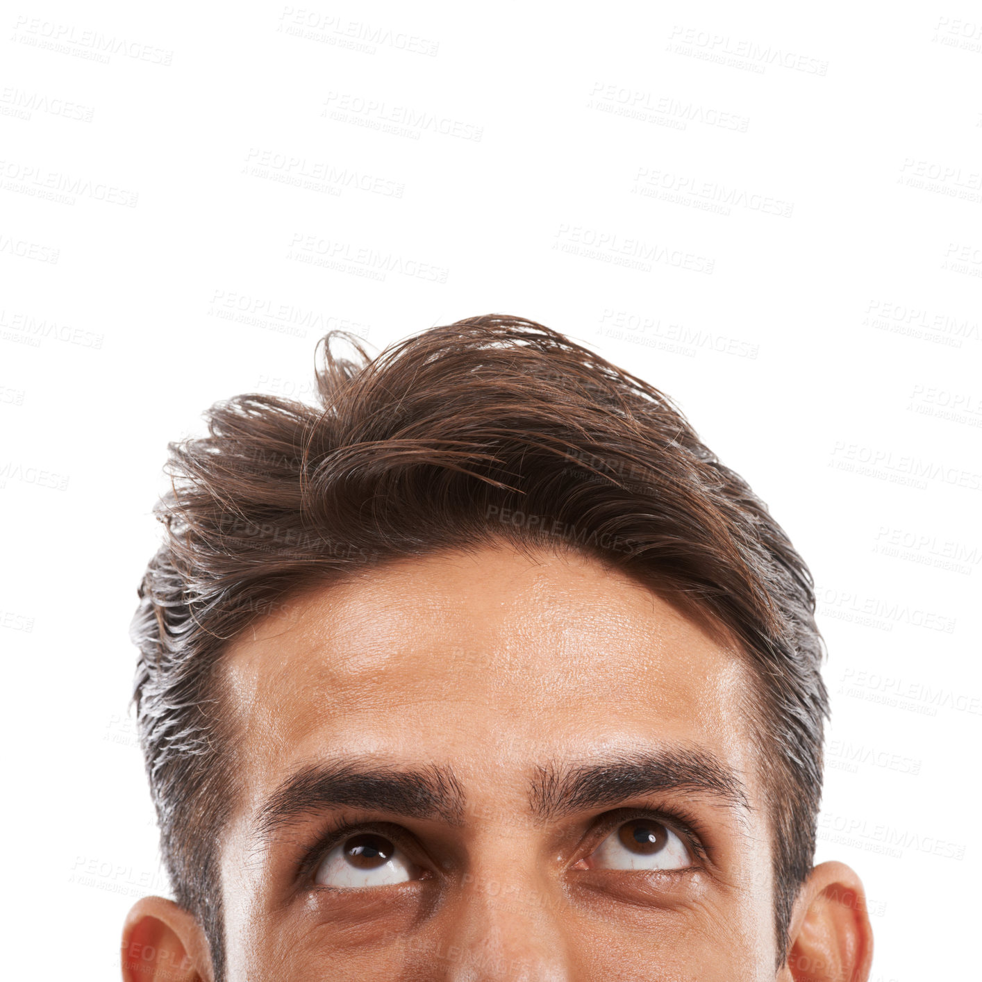 Buy stock photo Man, head and thinking on mockup space looking up for idea, decision or choice against a white studio background. Closeup of young male person face or eyes in thought, wonder or contemplating