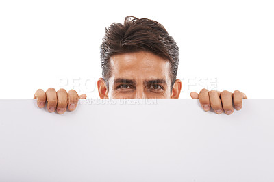 Buy stock photo Man, portrait and billboard for poster in advertising, marketing or presentation against a white studio background. Businessman hiding face behind blank paper, placard or empty sign on mockup space