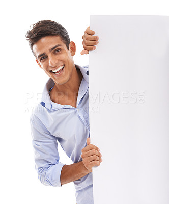 Buy stock photo Happy man, portrait and billboard for advertising, marketing or presentation against a white studio background. Face of businessman smile with blank poster or empty sign for message on mockup space