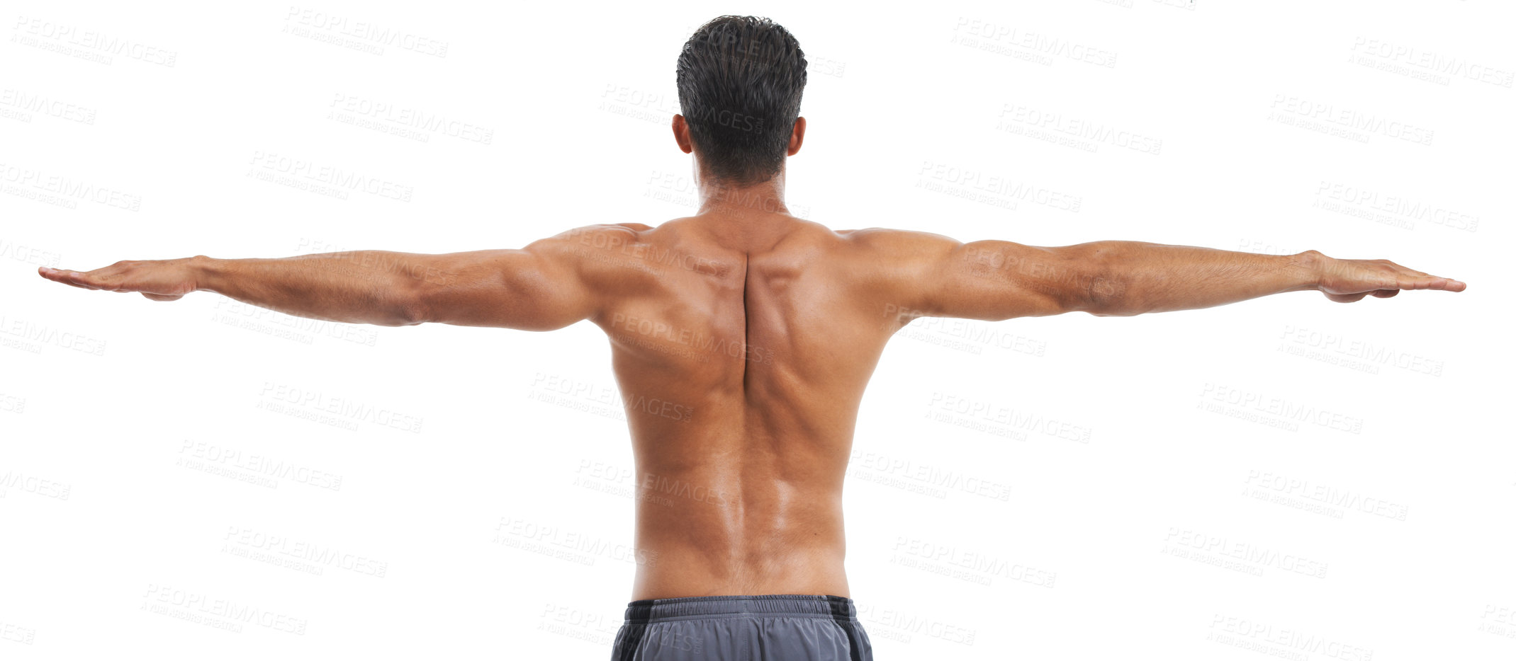 Buy stock photo Rearview of a shirtless muscular man standing with arms outstretched against a white background