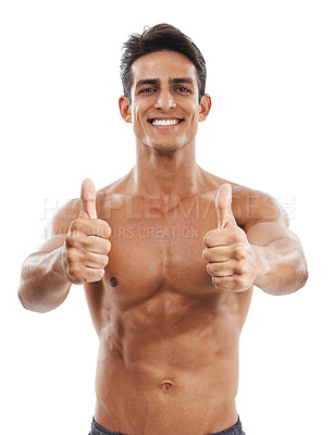 Buy stock photo Happy man, portrait and thumbs up for fitness success, exercise or winning against a white studio background. Handsome and muscular male person with like emoji, yes sign or OK for workout or training