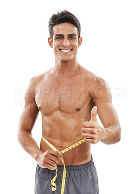 Buy stock photo Happy man, portrait and thumbs up with tape measure for fitness, success or diet against a white studio background. Handsome and muscular male person with like emoji or yes sign for workout exercise