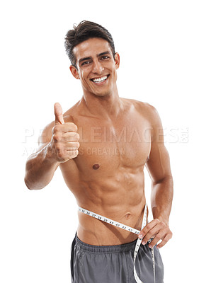 Buy stock photo Happy man, portrait and thumbs up for success with tape measure in fitness or diet against a white studio background. Handsome or muscular male person with like emoji or yes sign for workout exercise