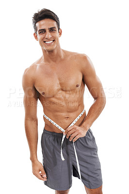 Buy stock photo Happy man, portrait and tape measure in fitness for weight loss, diet or exercise against a white studio background. Handsome or muscular male person measuring waist for health and wellness on mockup