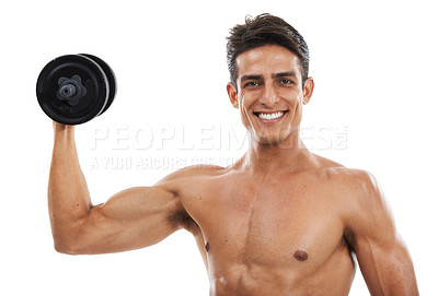 Buy stock photo Man, portrait and dumbbell for exercise in studio for fitness, wellness or healthy body with workout or training. Person, face or physical activity for muscles, smile or shirtless on white background