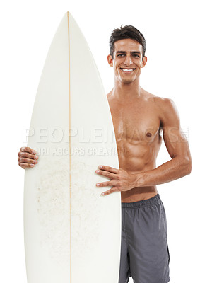 Buy stock photo Happy man, portrait and surf board standing shirtless against a white studio background. Handsome male person or athlete smile for surfing, exercise or workout and ready for water or waves on mockup