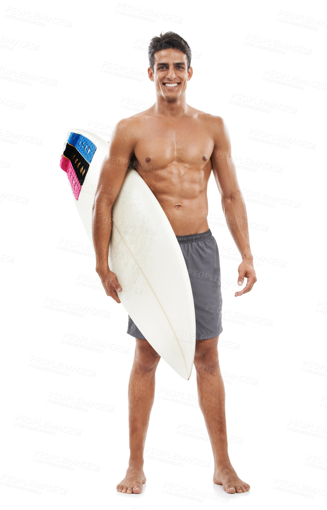 Buy stock photo Happy man, portrait and surf board ready for waves standing shirtless against a white studio background. Handsome male person, body or athlete smile for surfing, exercise or water on mockup space