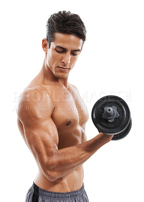 Buy stock photo Man, dumbbell and exercise in studio for fitness, wellness and healthy body with workout or training. Person, athlete or physical activity for muscles, bicep and shirtless on white background for abs