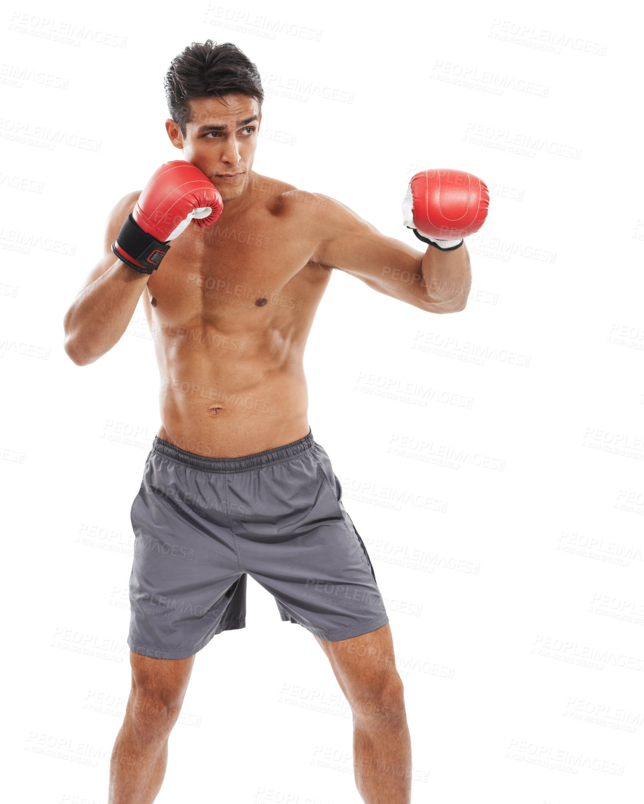 Buy stock photo Boxer, man and shirtless in studio with sports for fitness, health and martial arts isolated on white background. Strong athlete with muscle, abs and boxing gloves, MMA training and exercise 
