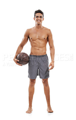 Buy stock photo Happy man, portrait and basketball in fitness for sports, exercise or workout against a white studio background. Active male person or athlete smile for ball game, match or practice on mockup