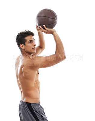 Buy stock photo Man, sports and basketball with shirtless athlete aim at target in studio for fitness and health on white background. Physical activity with muscle, training for game with workout or exercise