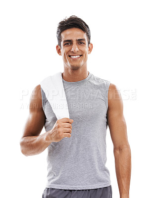 Buy stock photo Happy man, portrait and towel for sweat in fitness, exercise or workout against a white studio background. Face of handsome male person smile for sports, training or cardio in weight loss on mockup