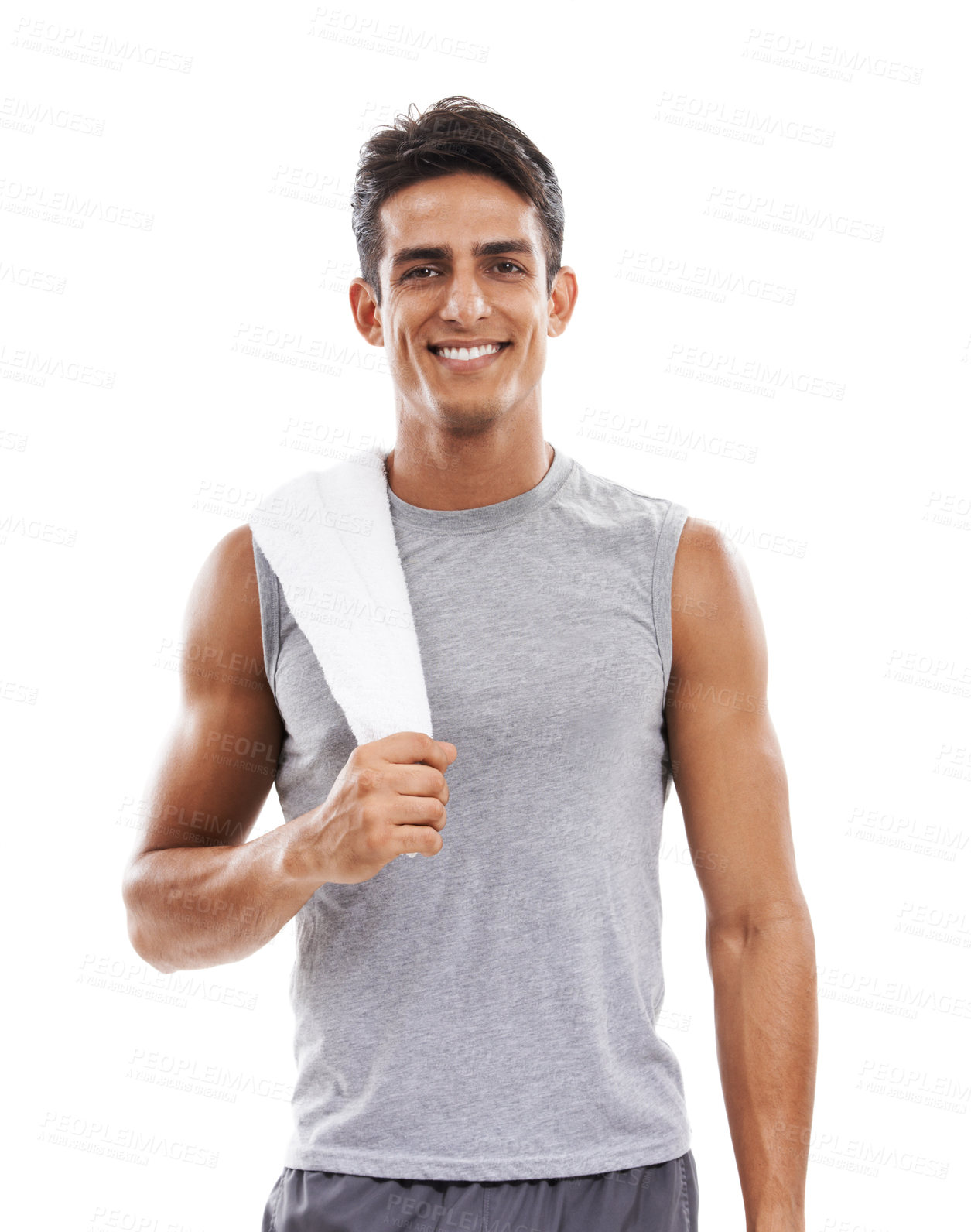 Buy stock photo Happy man, portrait and towel for sweat in fitness, exercise or workout against a white studio background. Face of handsome male person smile for sports, training or cardio in weight loss on mockup