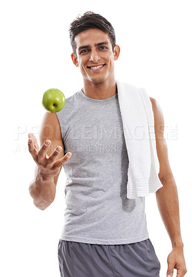 Buy stock photo Man with apple in portrait, health and nutrition in studio with smile, diet and weightloss isolated on white background. Healthy food, green fruit and fitness for wellness and vegan to lose weight