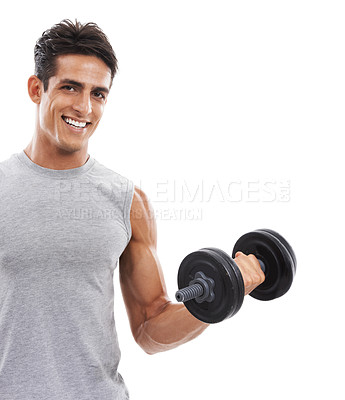 Buy stock photo Fitness, dumbbell and portrait of man in studio for healthy training, muscle or strong arm power on white background. Happy bodybuilder exercise with weights for workout, strength of biceps or mockup