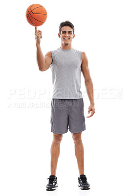 Buy stock photo Man, portrait and basketball on finger for game, match or sports against a white studio background. Active male person or athlete smile with ball ready for fitness, skill or style on mockup space
