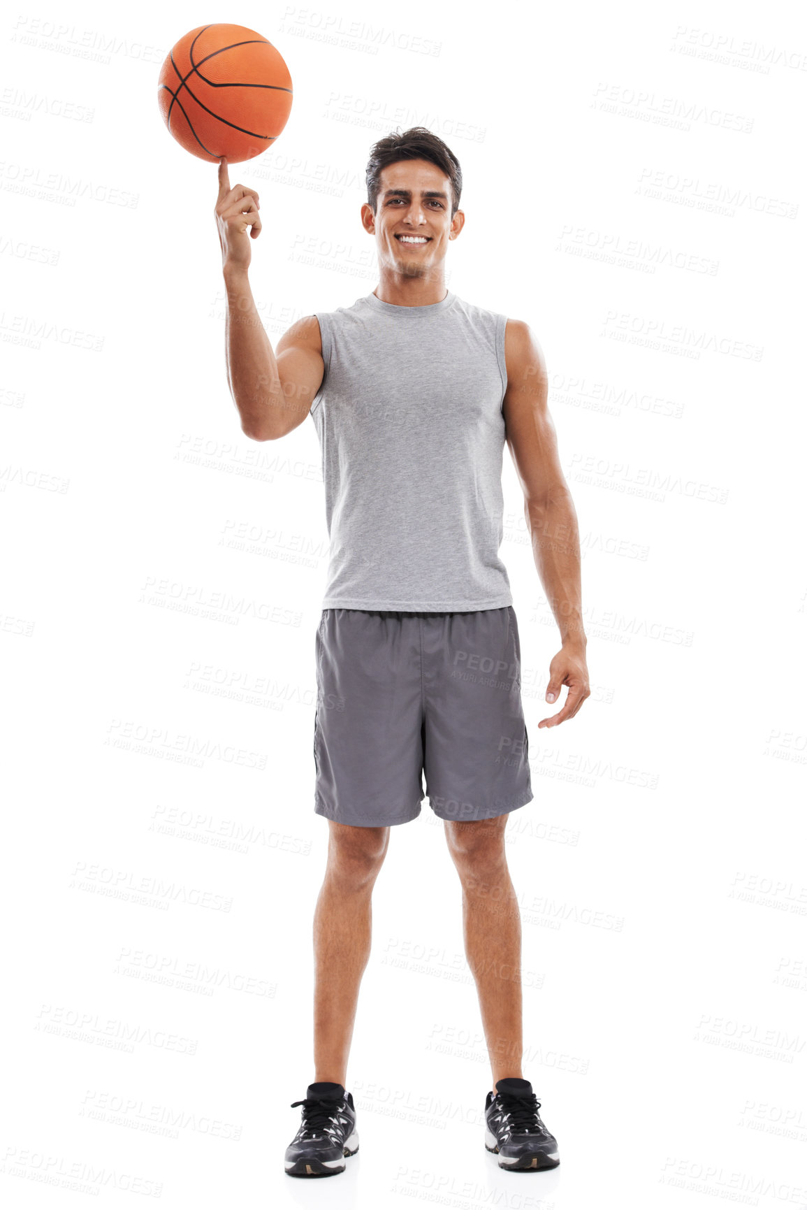 Buy stock photo Man, portrait and basketball on finger for game, match or sports against a white studio background. Active male person or athlete smile with ball ready for fitness, skill or style on mockup space