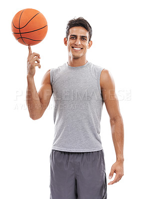 Buy stock photo Happy man, portrait and basketball on finger for game, match or sport against a white studio background. Active male person or athlete smile with ball ready in fitness, skill or style on mockup space