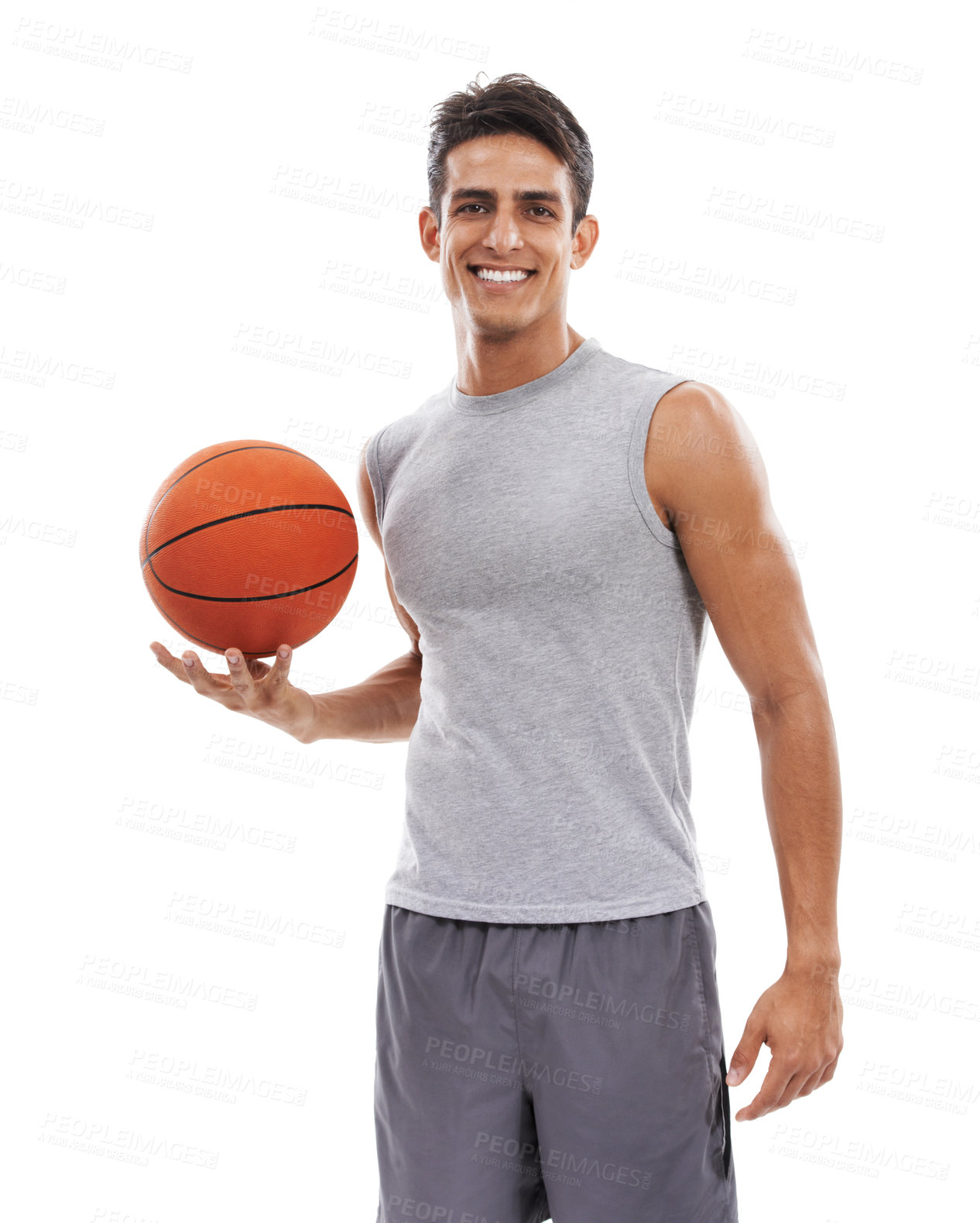 Buy stock photo Happy man, portrait and basketball for game, match or sports against a white studio background. Face of active male person or athlete smile with ball ready in fitness, skill or style on mockup space