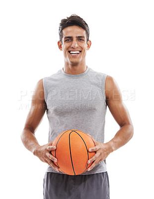 Buy stock photo Happy man in portrait with basketball, sports and fitness in studio with muscle isolated on white background. Young athlete, training or workout for health and ready for game in sportswear with smile