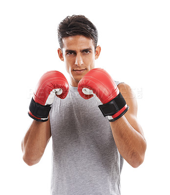 Buy stock photo Boxing, man in portrait and sports for fitness, health and martial arts isolated on white background. Strong athlete with muscle, ready for fight with boxer gloves and MMA training exercise in studio