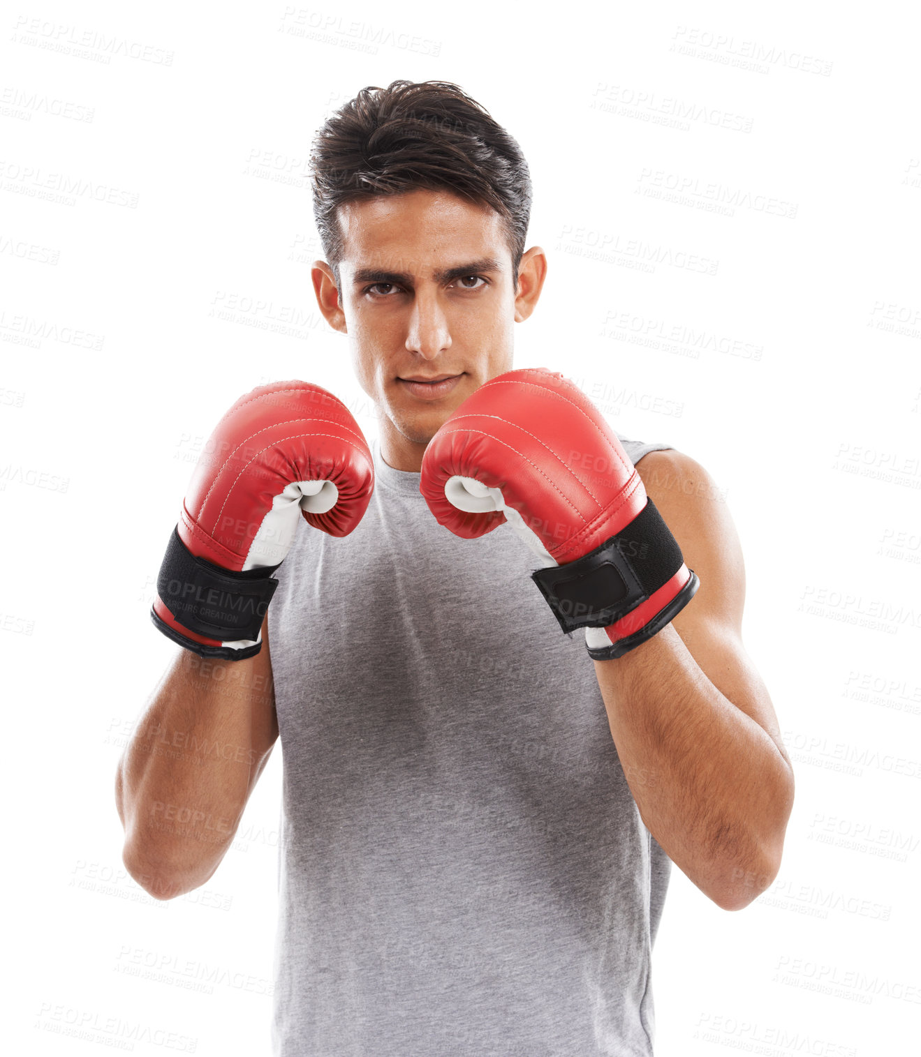 Buy stock photo Boxing, man in portrait and sports for fitness, health and martial arts isolated on white background. Strong athlete with muscle, ready for fight with boxer gloves and MMA training exercise in studio