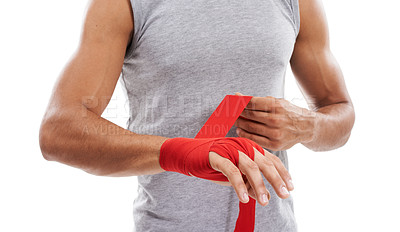 Buy stock photo Hand wrap, kickboxing and person ready for fitness in studio, sports and martial arts isolated on white background. Safety for fight, boxer and MMA fighter in training with exercise and power