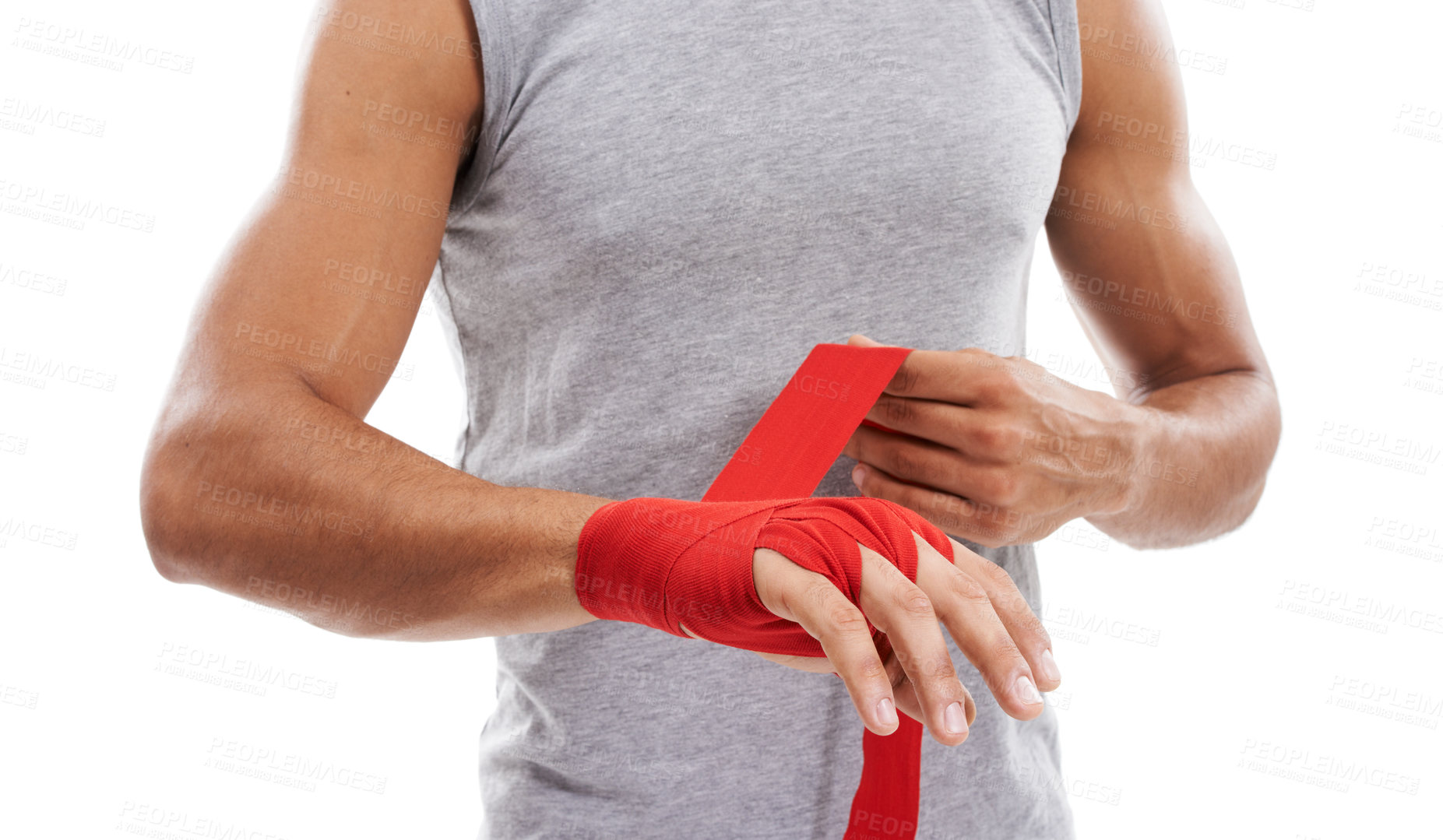 Buy stock photo Hand wrap, kickboxing and person ready for fitness in studio, sports and martial arts isolated on white background. Safety for fight, boxer and MMA fighter in training with exercise and power