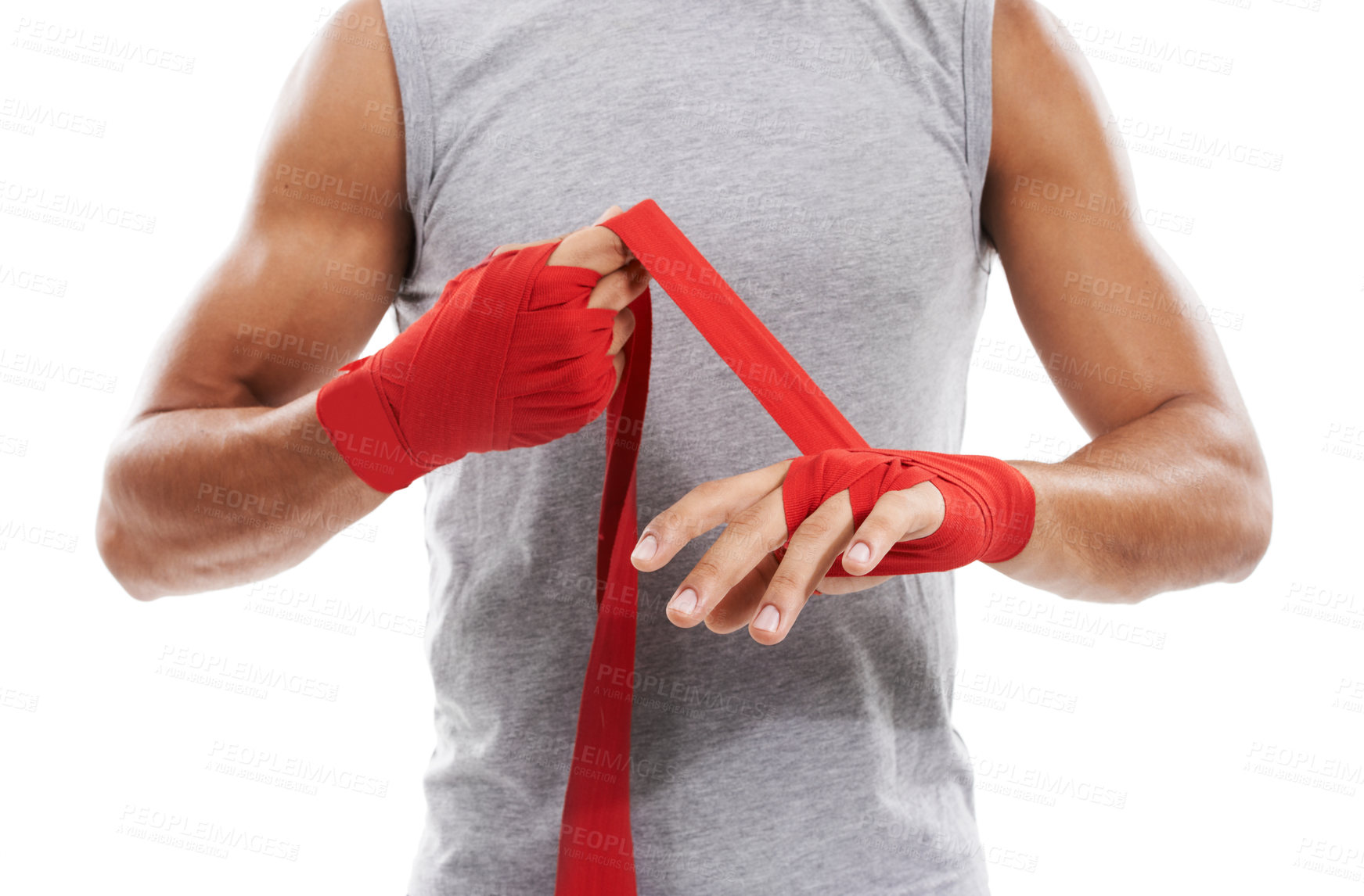 Buy stock photo Hands, wrapping with red cloth and boxing, fitness and person training in martial arts isolated on white background. Closeup of fighter strapping wrist, protection or safety with MMA in a studio