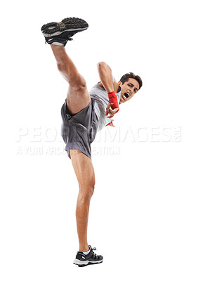 Buy stock photo Boxer, man and kick in studio with sports for fitness, health and martial arts isolated on white background. Strong athlete legs with muscle, action and kickboxing with MMA training and exercise 