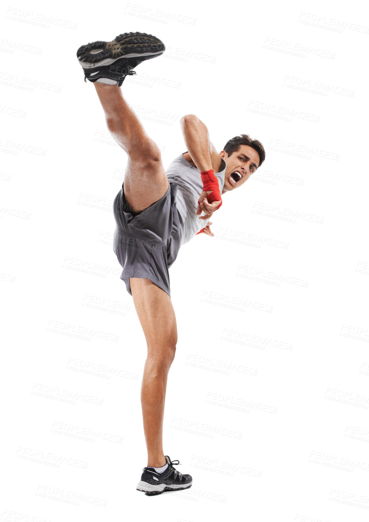 Buy stock photo Boxer, man and kick in studio with sports for fitness, health and martial arts isolated on white background. Strong athlete legs with muscle, action and kickboxing with MMA training and exercise 