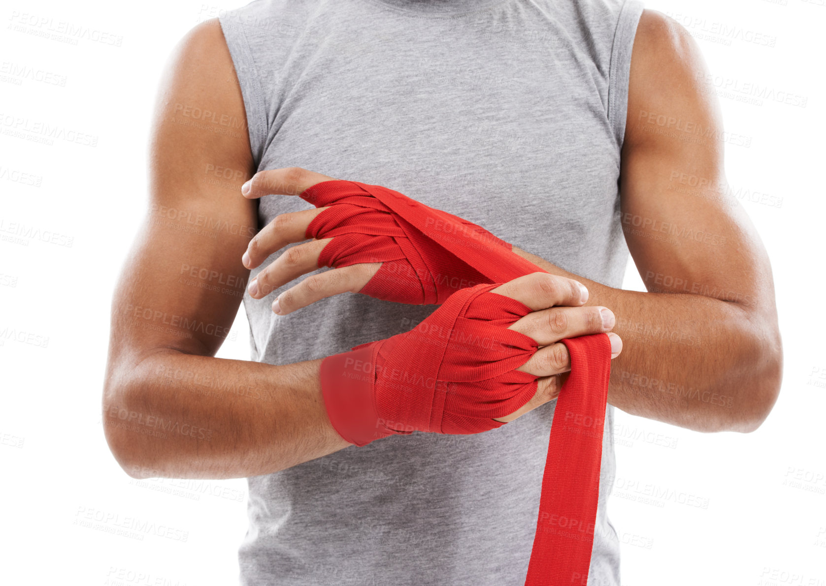 Buy stock photo Wrapping hands, kickboxing and person ready for fitness in studio, sports and martial arts isolated on white background. Safety for fight, boxer and MMA fighter in training with exercise and power