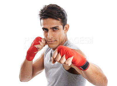 Buy stock photo Boxer, man and fist in studio with kickboxing for fitness, health and martial arts isolated on white background. Strong athlete with muscle, portrait and MMA sports training with exercise or workout