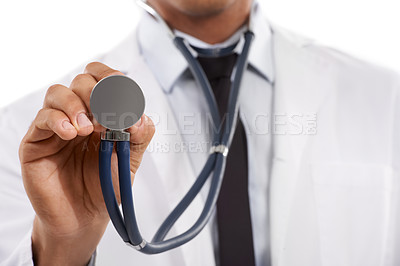 Buy stock photo Doctor, hands or stethoscope in studio for heartbeat, healthcare services or cardiology on white background. Closeup, medical worker or tools for listening to lungs, cardiovascular test or evaluation